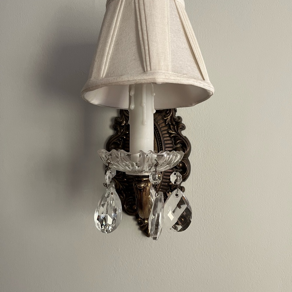 Pair of Antique Bronze and White Wall Sconce with Crystal Accents
